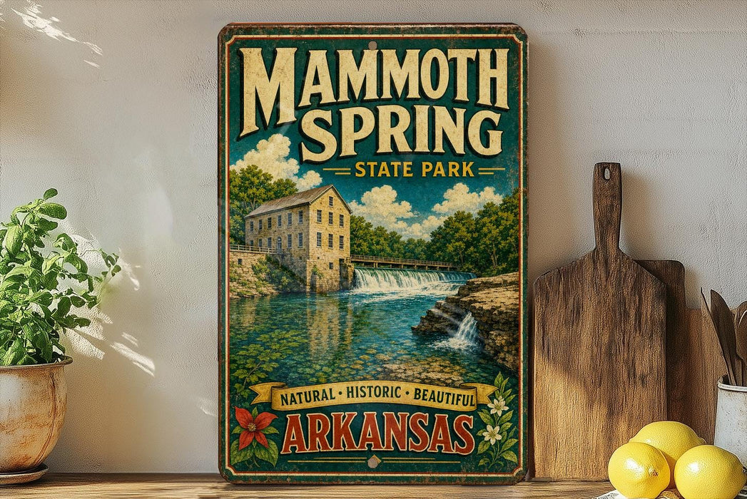 A vintage-style poster of Mammoth Spring State Park in Arkansas, featuring a scenic illustration of a waterfall and a building, is displayed on a wall next to a wooden cutting board and some potted plants.