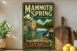 A vintage-style poster of Mammoth Spring State Park in Arkansas, featuring a scenic illustration of a waterfall and a building, is displayed on a wall next to a wooden cutting board and some potted plants.