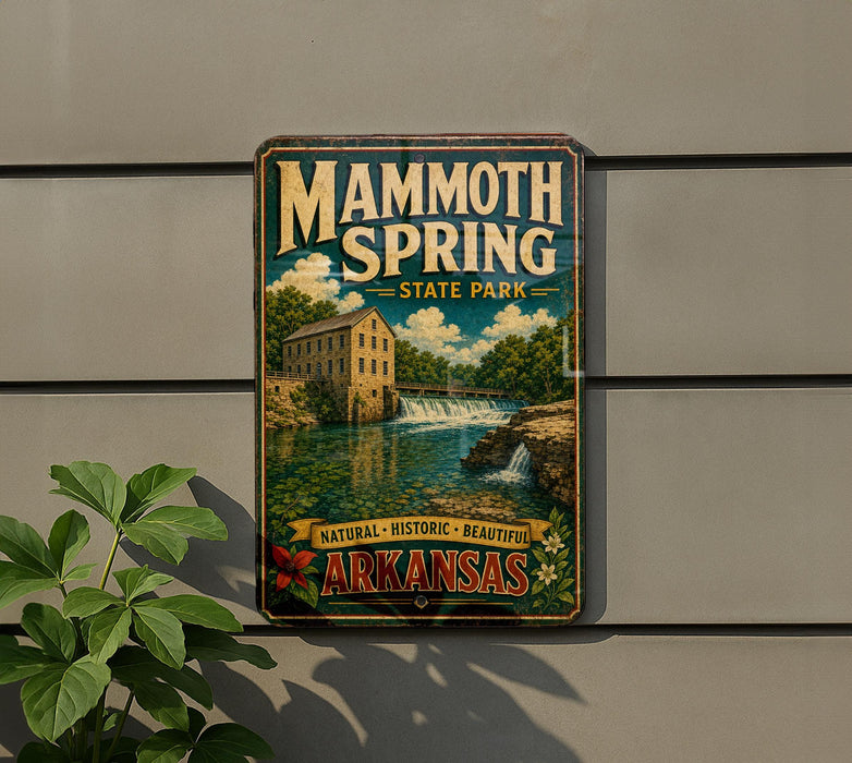 A vintage-style sign for Mammoth Spring State Park in Arkansas, featuring a scenic illustration of a waterfall and a building.