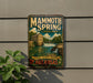 A vintage-style sign for Mammoth Spring State Park in Arkansas, featuring a scenic illustration of a waterfall and a building.