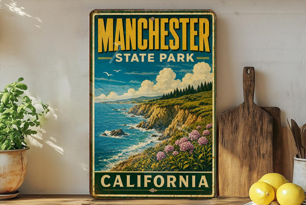A vintage-style metal sign for Manchester State Park in California, featuring a scenic coastal landscape with cliffs, grass, and flowers.
