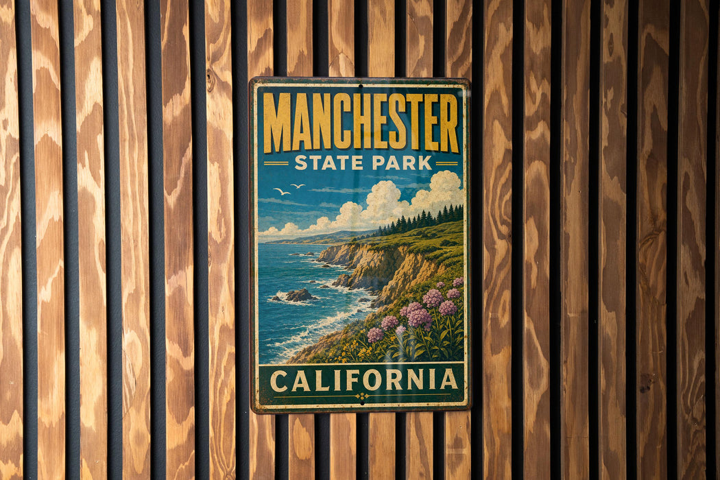 A vintage metal sign for Manchester State Park in California, featuring a scenic coastal landscape with cliffs, water, and flowers.