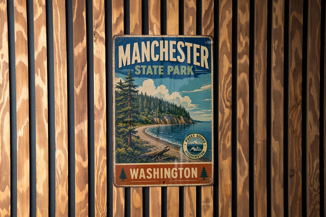 A vintage metal sign for Manchester State Park in Washington, featuring a scenic landscape with pine trees, a beach, and a mountain range.