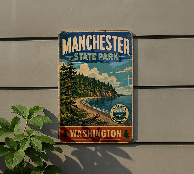 A vintage-style metal sign for Manchester State Park in Washington, featuring a scenic landscape with pine trees, a beach, and a mountain range.