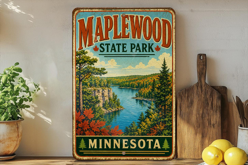 A vintage-style sign for Maplewood State Park in Minnesota, featuring a scenic landscape with a river, trees, and mountains.