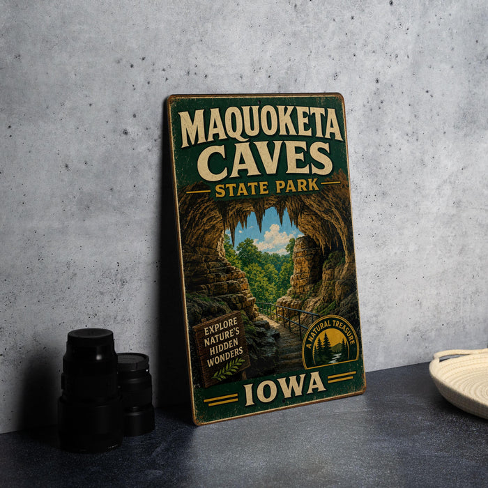 A vintage-style metal sign for the Maquoketa Caves State Park in Iowa, featuring a scenic image of the cave system and the park's name.