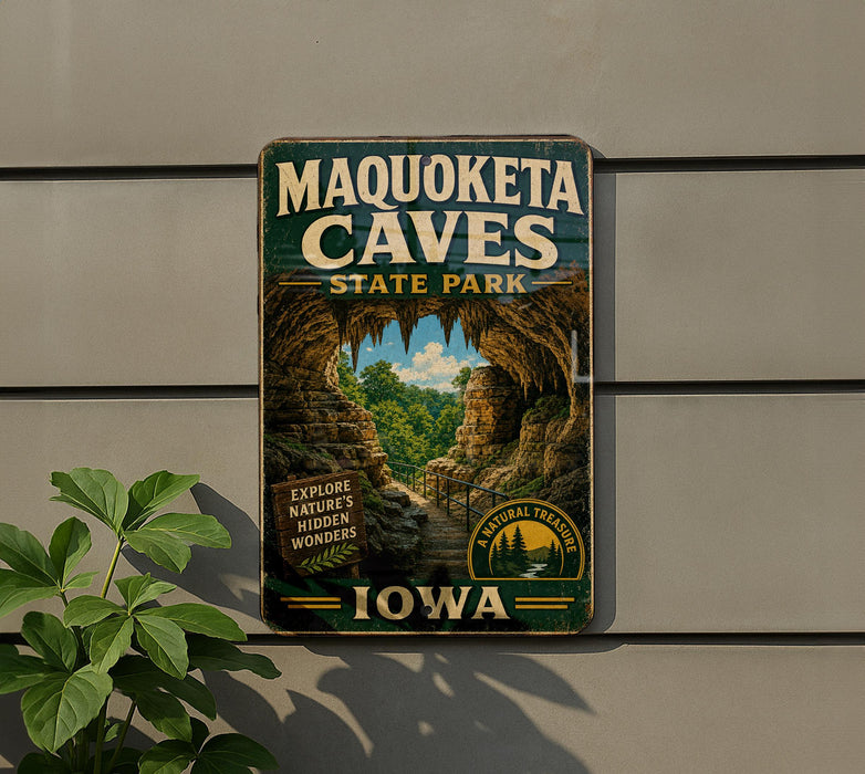 A vintage-style metal sign for the Maquoketa Caves State Park in Iowa, featuring a scenic image of the cave system and the park's name.
