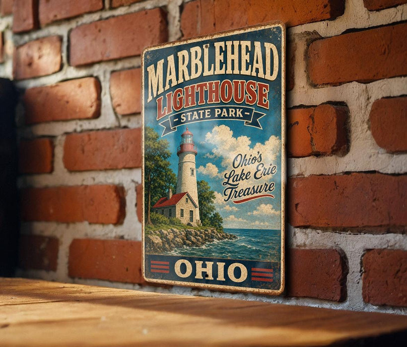 A vintage-style metal sign for the Marblehead Lighthouse, located in Ohio's Lake Erie State Park, is displayed on a brick wall.