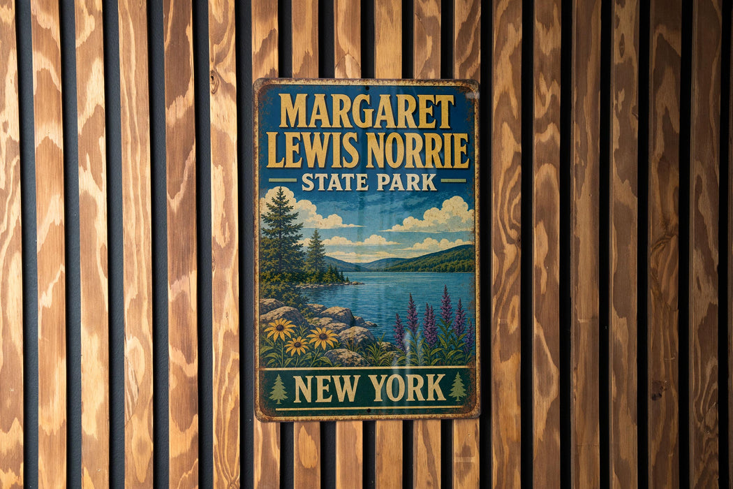 A vintage metal sign for Margaret Lewis Norrie State Park in New York, featuring a scenic landscape with a lake, mountains, and pine trees.
