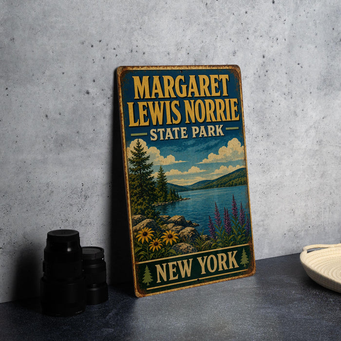 A vintage metal sign for Margaret Lewis Norrie State Park in New York, featuring a scenic landscape with a lake, mountains, and flowers.