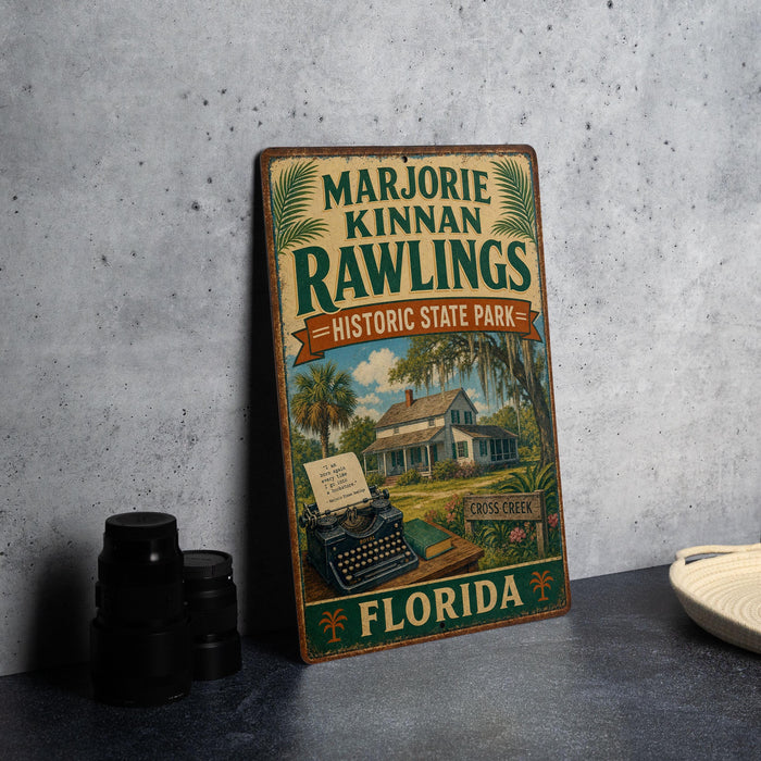 A vintage-style metal sign for Marjorie Kinnan Rawlings Historic State Park in Florida, featuring a typewriter and a tropical landscape.