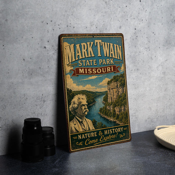 A vintage-style metal sign for Mark Twain State Park in Missouri, featuring a scenic illustration of a river and mountains.