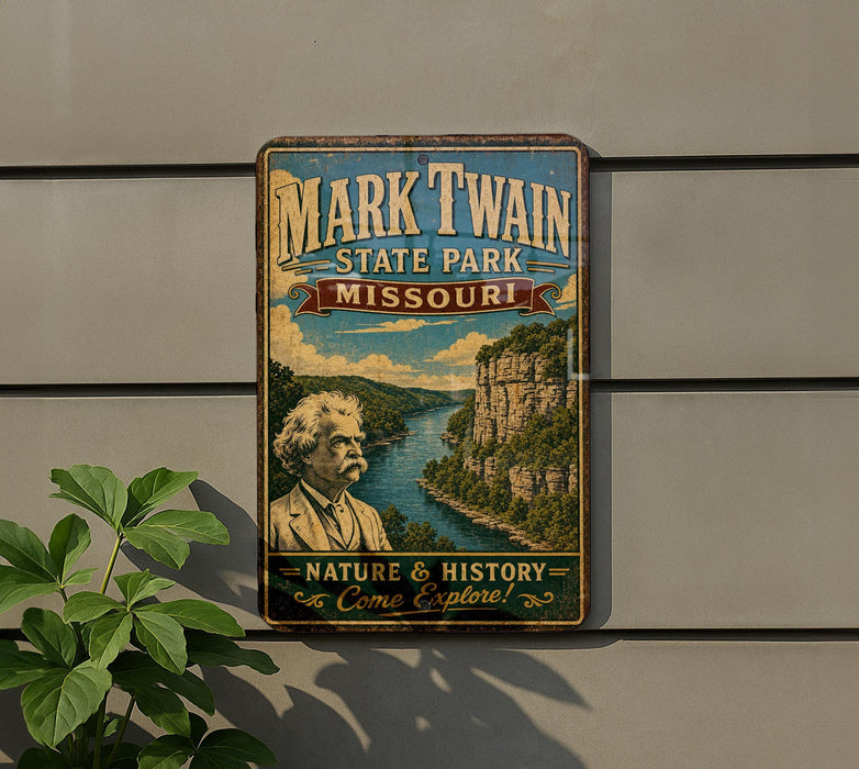 A vintage-style metal sign for Mark Twain State Park in Missouri, featuring a portrait of Mark Twain and a scenic landscape.