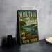 A vintage-style metal sign for Mark Twain State Park in New York, featuring a scenic illustration of a river and a steamboat.