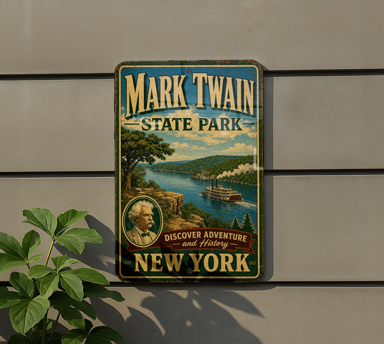 A vintage-style metal sign for Mark Twain State Park in New York, featuring a scenic illustration of a river and a steamboat.