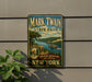 A vintage-style metal sign for Mark Twain State Park in New York, featuring a scenic illustration of a river and a steamboat.