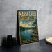 A vintage-style metal sign for Marsh Creek State Park in Pennsylvania, featuring a scenic illustration of a lake, dock, and trees.
