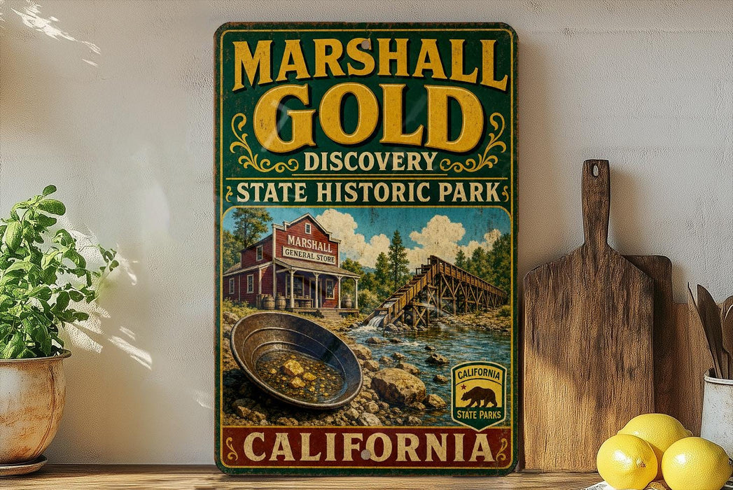 A vintage-style sign for Marshall Gold Discovery State Historic Park in California, featuring an illustration of a panning gold mine and a wooden bridge.