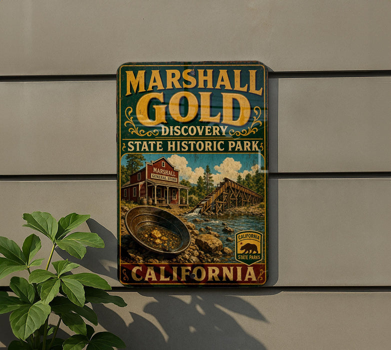 A vintage-style sign for Marshall Gold Discovery State Historic Park in California, featuring a panoramic image of a gold pan and a building.