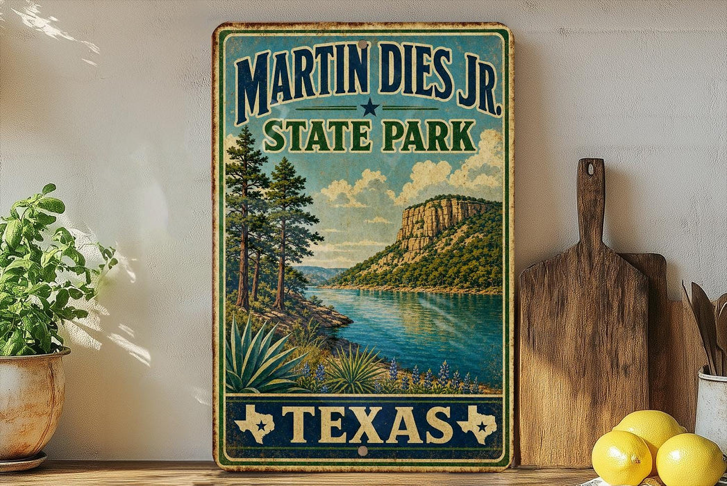 A vintage-style sign for Martin Dies Jr. State Park in Texas, featuring a scenic landscape with a lake, mountains, and trees.