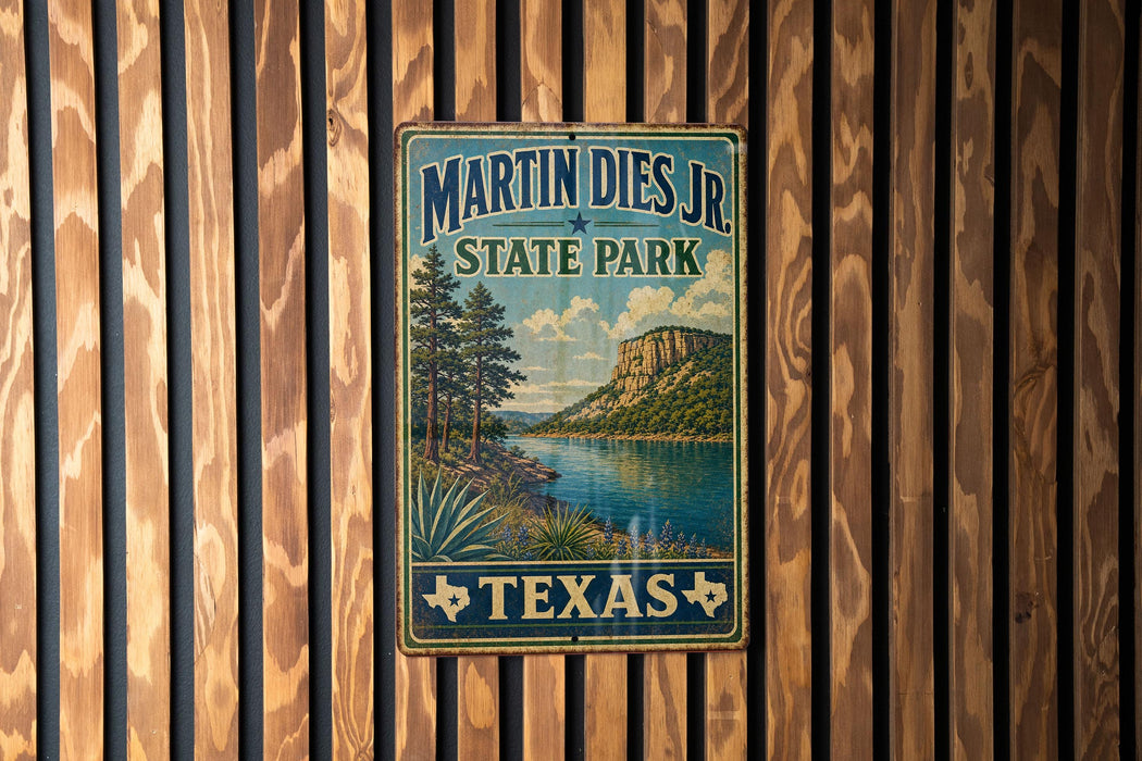 A vintage-style metal sign for Martin Dies Jr. State Park in Texas, featuring a scenic landscape with a river and mountains.