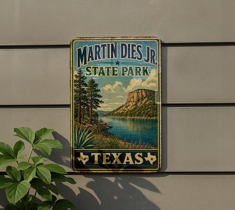 A vintage-style sign for Martin Dies Jr. State Park in Texas, featuring a scenic landscape with a lake, mountains, and trees.