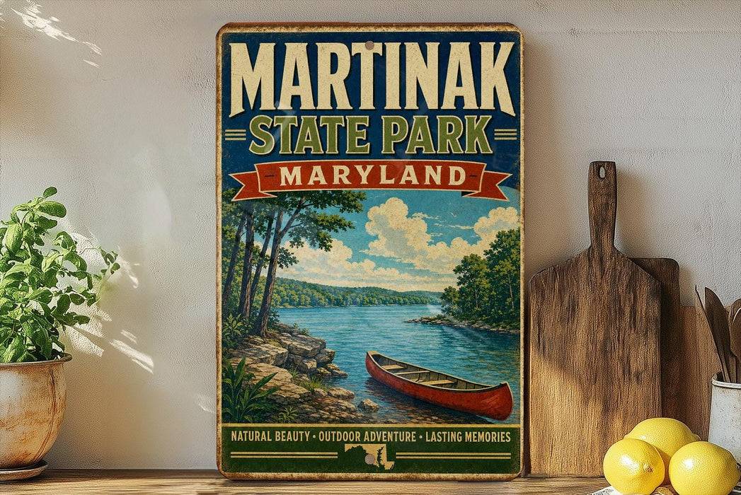 A vintage-style poster of Martinak State Park, Maryland, featuring a scenic image of a lake with a canoe, surrounded by trees and mountains.