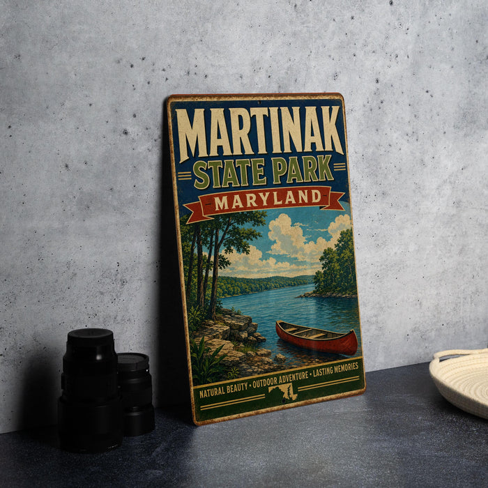 A vintage-style metal sign for Martinak State Park, Maryland, featuring an illustration of a lake, trees, and a canoe.