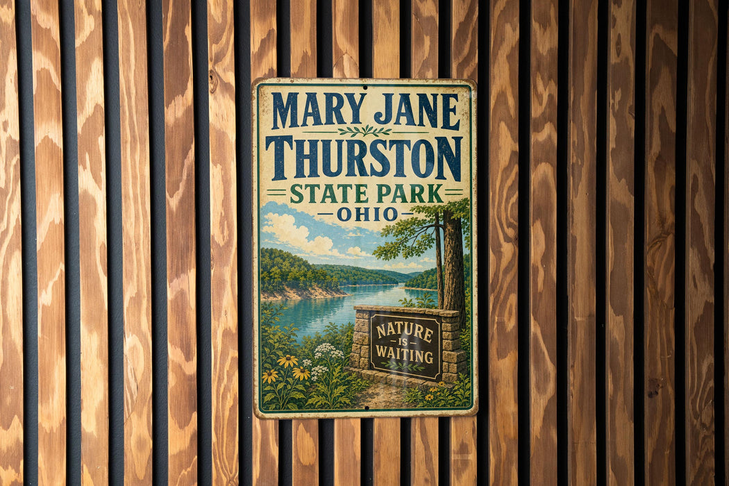 A vintage-style metal sign for Mary Jane Thurston State Park in Ohio, featuring a scenic landscape with a river and trees.