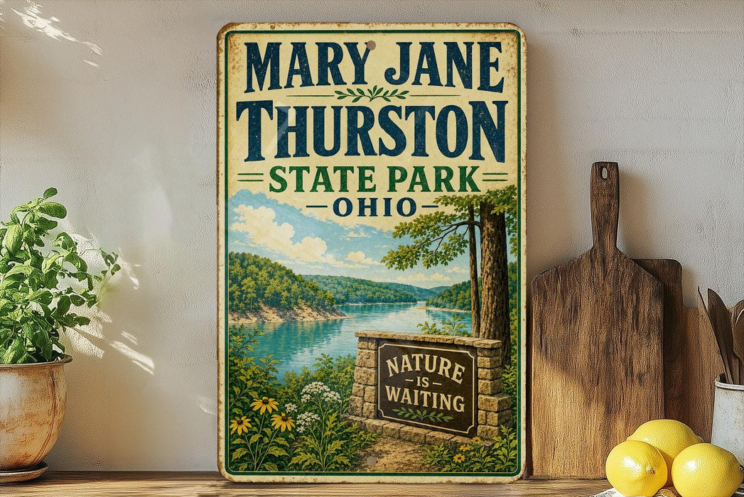 A vintage-style metal sign for Mary Jane Thurston State Park in Ohio, featuring a scenic landscape with a river, trees, and a sign that says "Nature is waiting".