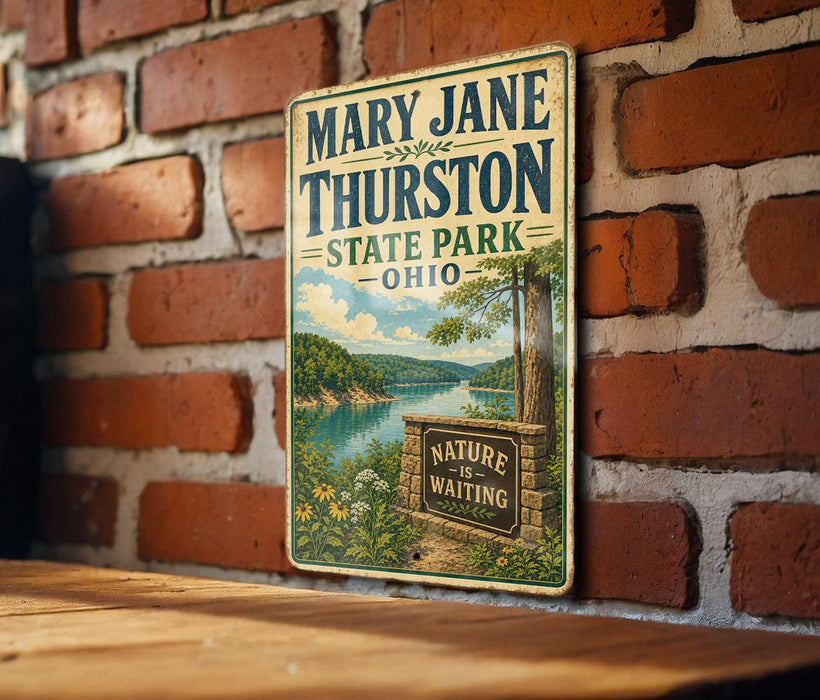 A vintage metal sign for Mary Jane Thurston State Park in Ohio, featuring a scenic landscape with a lake and trees.