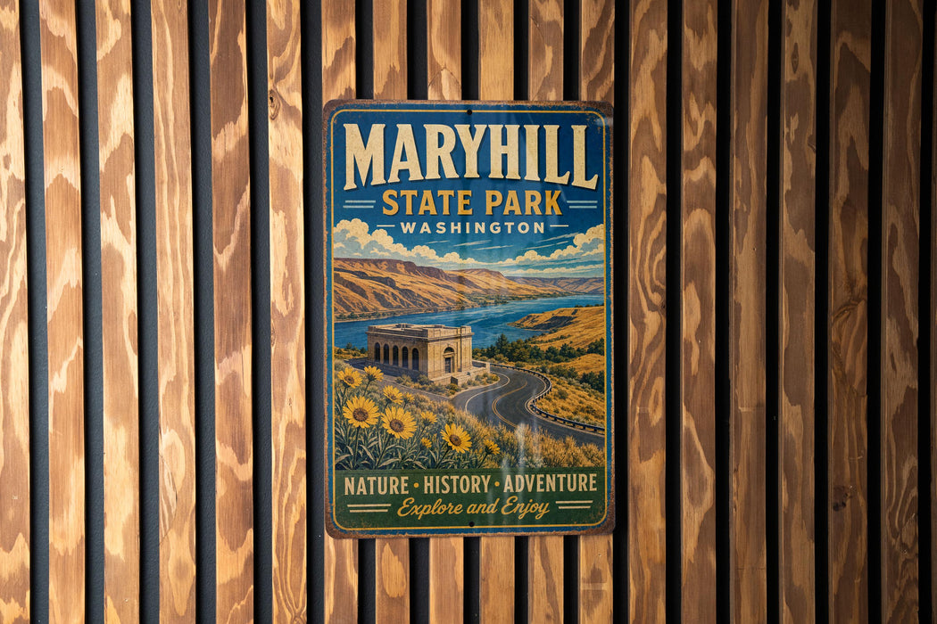 A vintage-style metal sign for Maryhill State Park in Washington, featuring a scenic landscape with mountains, a river, and a building.