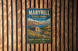 A vintage-style metal sign for Maryhill State Park in Washington, featuring a scenic landscape with mountains, a river, and a building.
