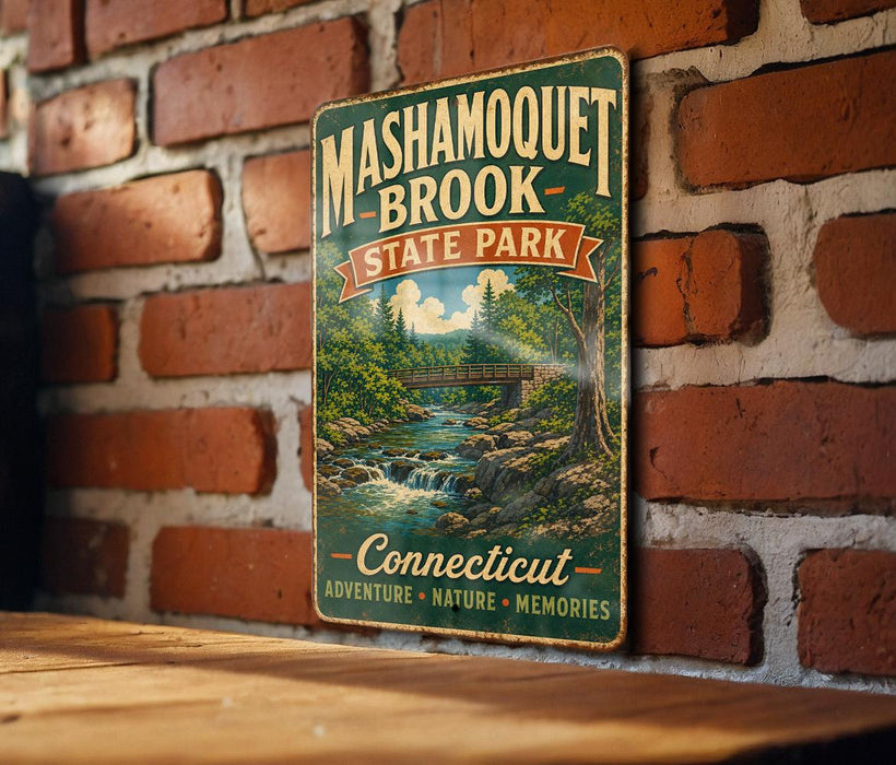 A vintage metal sign for Mashamoot Brook State Park, featuring a scenic illustration of a river and forest, mounted on a brick wall.