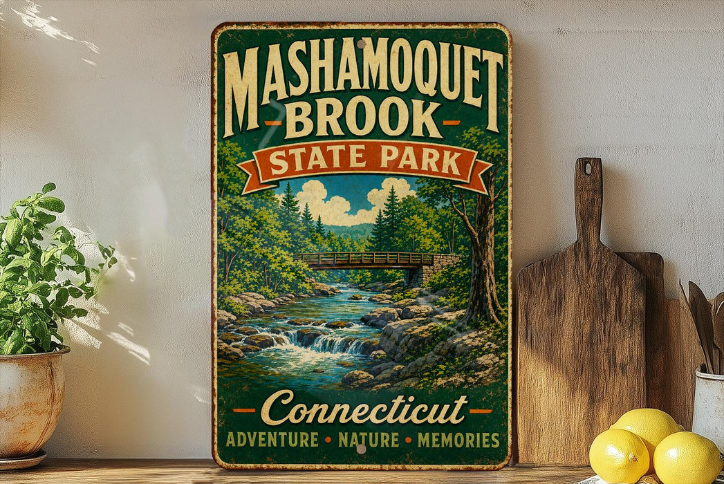A vintage-style metal sign for Mashamogueet Brook State Park, featuring a scenic illustration of a river and forest.