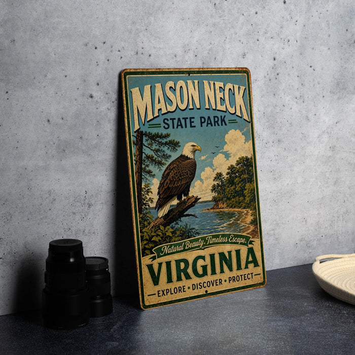 A vintage-style metal sign for Mason Neck State Park in Virginia, featuring an eagle perched on a tree branch and the text "Mason Neck State Park" prominently displayed.