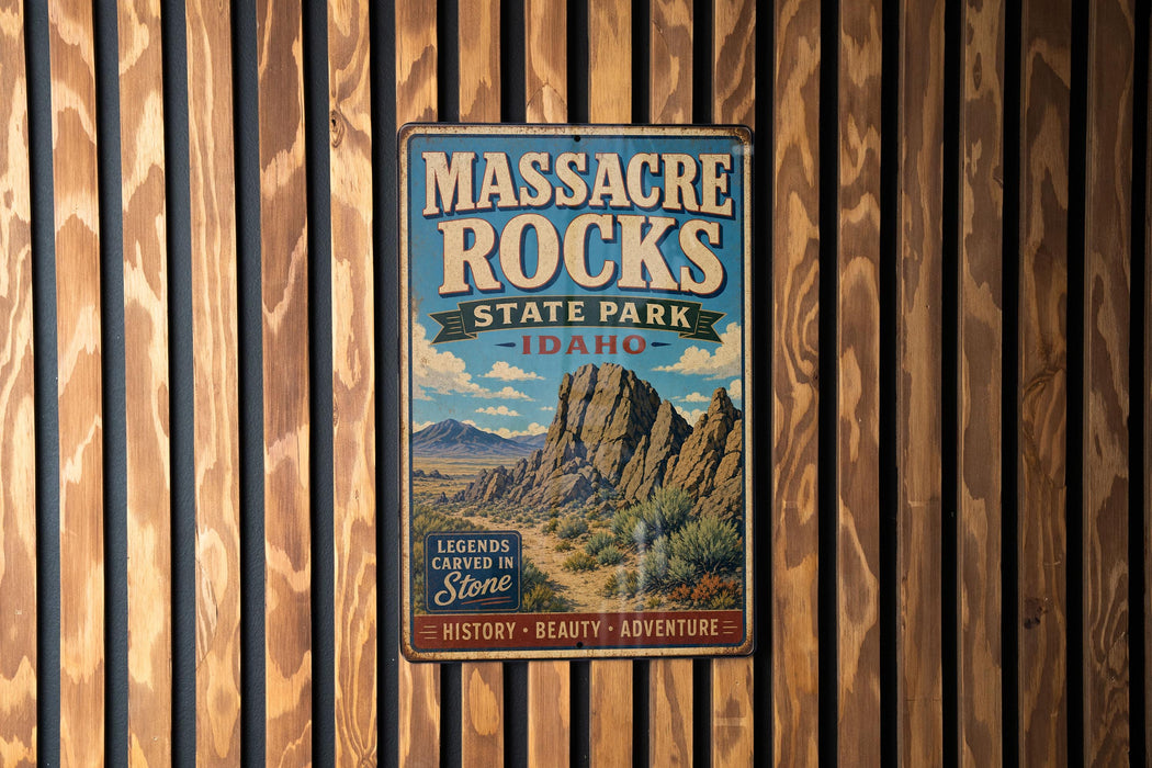 A vintage metal sign for Massacre Rocks State Park in Idaho, featuring a desert landscape with mountains in the background.