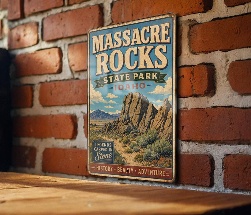 A vintage metal sign for Massacre Rocks State Park in Idaho, featuring a scenic illustration of the park's landscape.