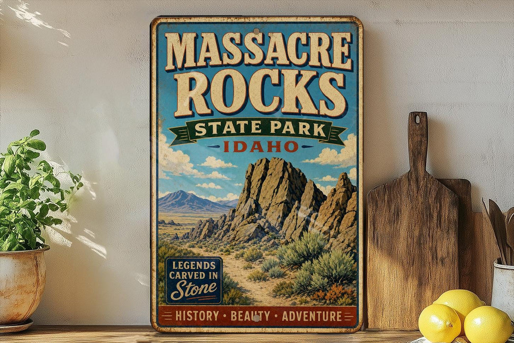 A vintage-style sign for Massacre Rocks State Park in Idaho, featuring a scenic mountain landscape.