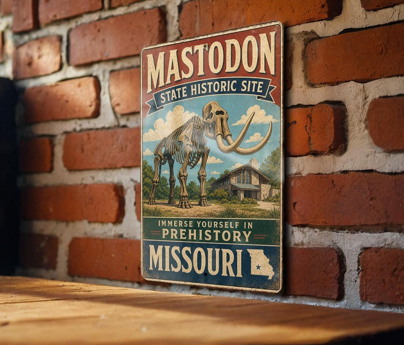 A vintage-style metal sign for the Mastodon State Historic Site in Missouri, featuring an illustration of a skeleton of a mastodon and a building.
