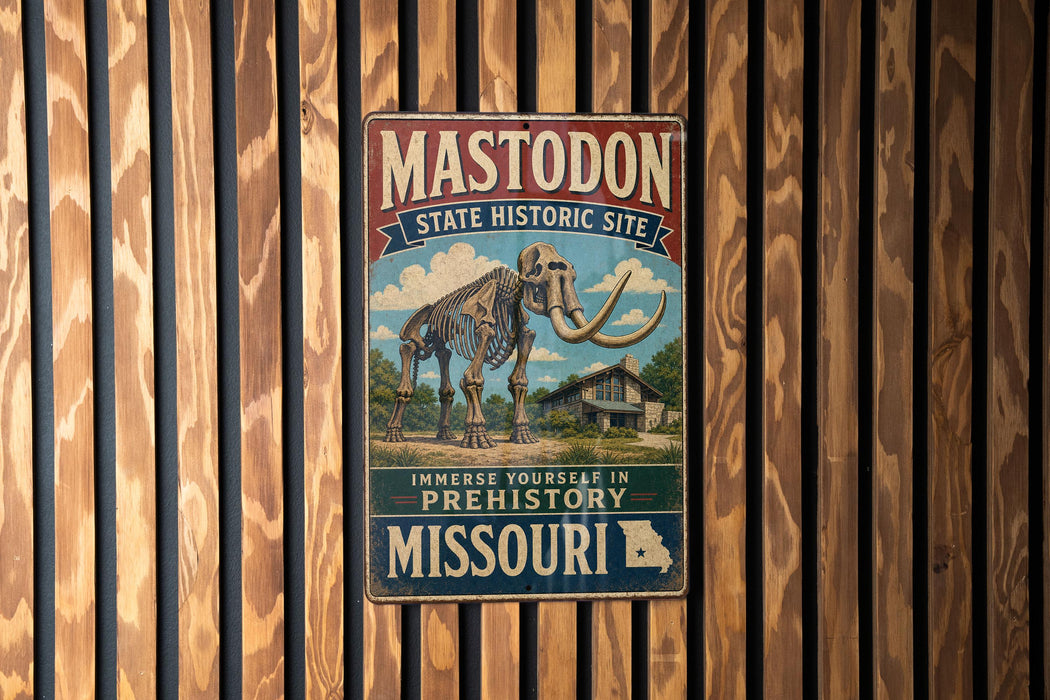 A vintage metal sign for the state historic site called "Mastodon" in Missouri, featuring an illustration of a skeleton of a large elephant.