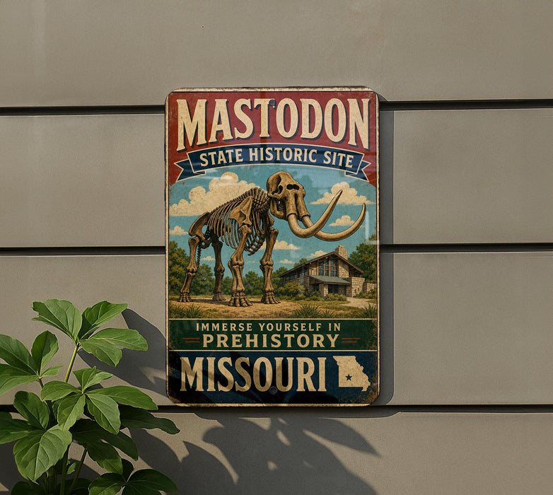 A vintage-style metal sign for the Mastodon State Historic Site in Missouri, featuring an illustration of a skeleton of a mastodon and a house.