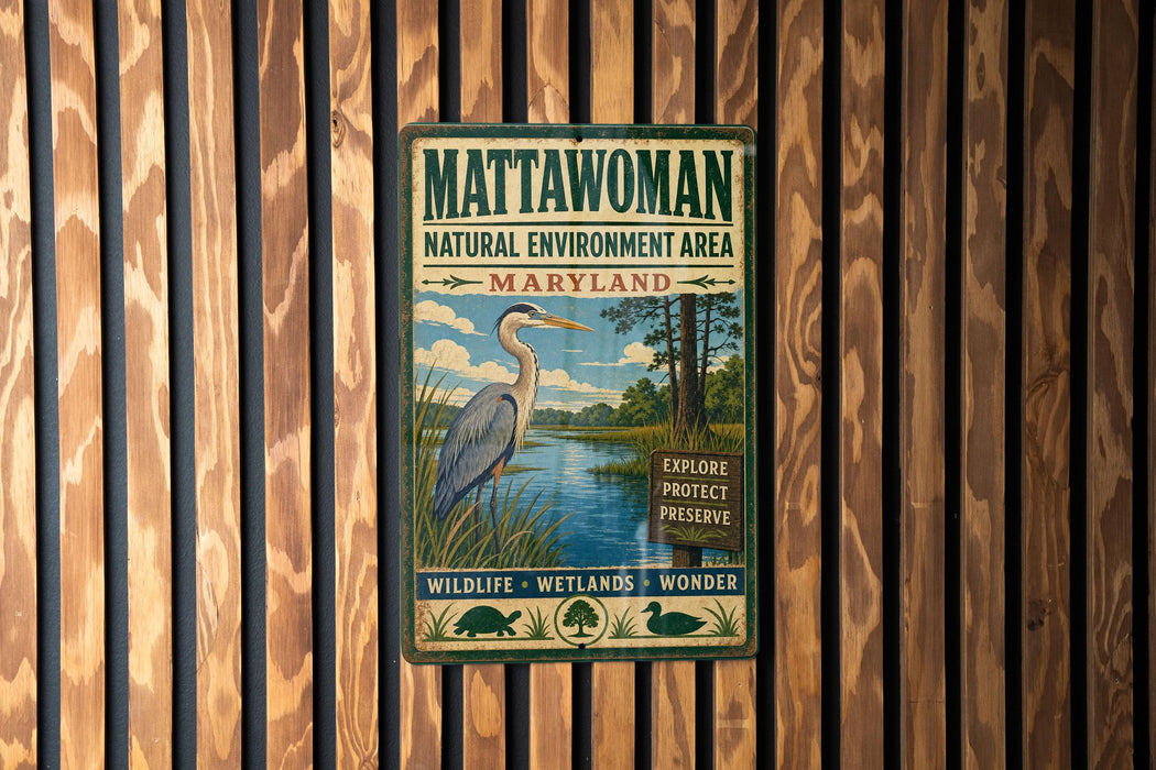 A vintage metal sign for the Mattawoman Natural Environment Area in Maryland, featuring a blue heron and a scenic landscape.
