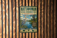 A vintage metal sign for the Mattawoman Natural Environment Area in Maryland, featuring a blue heron and a scenic landscape.