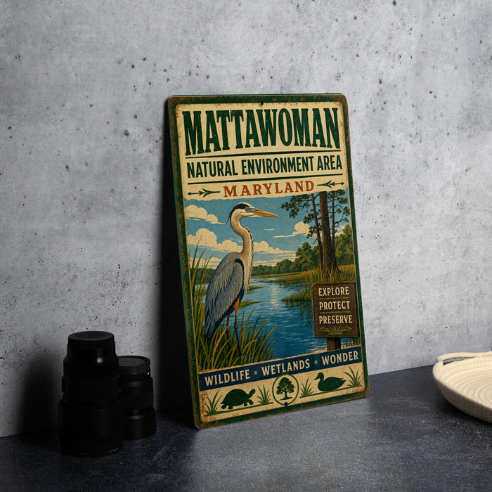A vintage metal sign for the Mattawoman Natural Environment Area in Maryland, featuring an illustration of a heron and a scenic landscape.