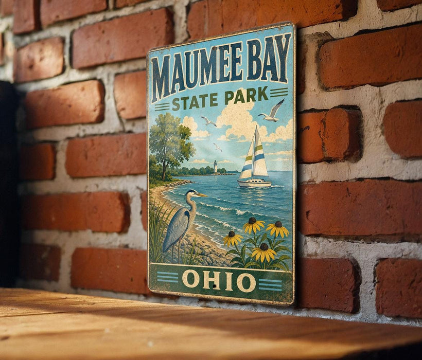 A vintage-style metal sign for Mauhee Bay State Park in Ohio, featuring a scenic illustration of a sailboat on the water and a bird on the shore.