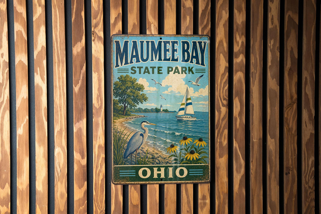 A vintage metal sign for Maumee Bay State Park in Ohio, featuring a scenic illustration of a lake, sailboat, and wildlife.