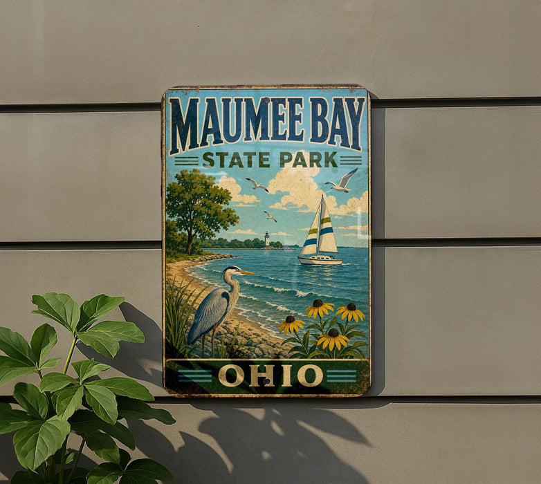 A vintage-style metal sign for Mauhee Bay State Park in Ohio, featuring a scenic illustration of a beach, sailboat, and wildlife.