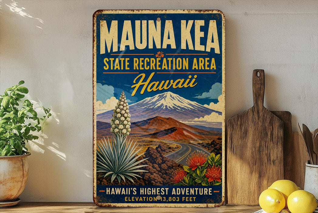 A vintage-style metal sign for the Mauna Kea State Recreation Area in Hawaii, featuring a mountain landscape and various tropical plants.