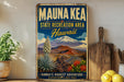 A vintage-style metal sign for the Mauna Kea State Recreation Area in Hawaii, featuring a mountain landscape and various tropical plants.